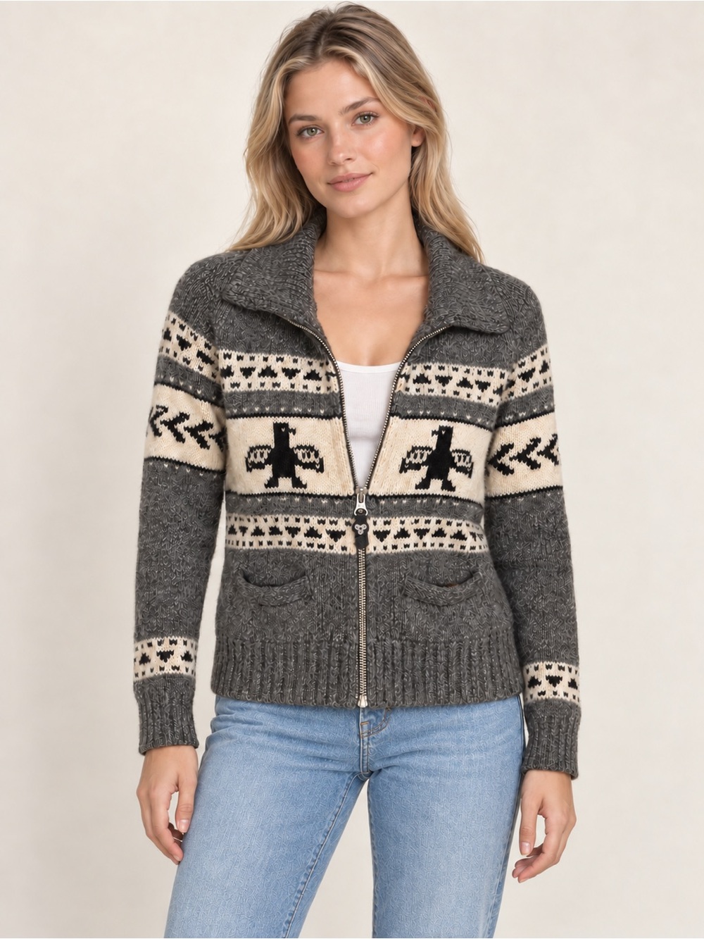 Vintage Aritzia TNA Lambswool Zip-Up Sweater Grey Bird Print Small